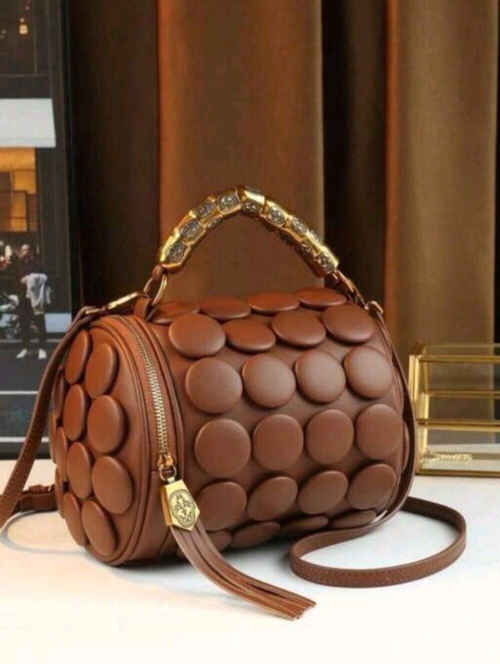 Brown Textured Barrel Crossbody Bag with Decorative Handle